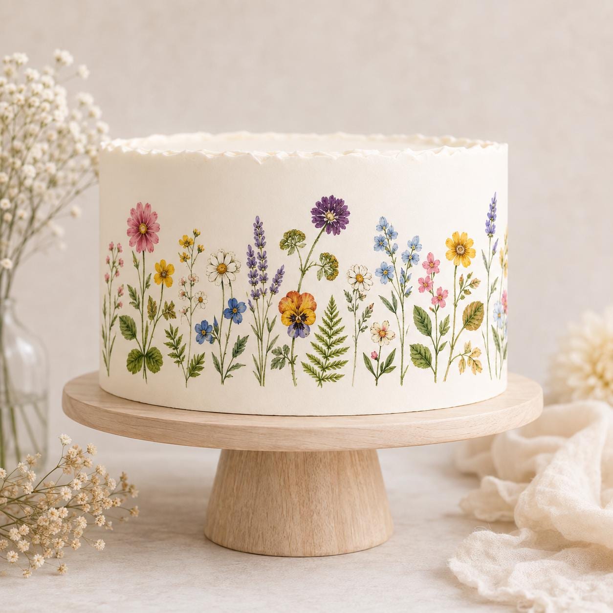 Edible Wildflower Cake Wrap Strips Pre-Cut Icing Sheets Floral Decor Botanical Flower Border