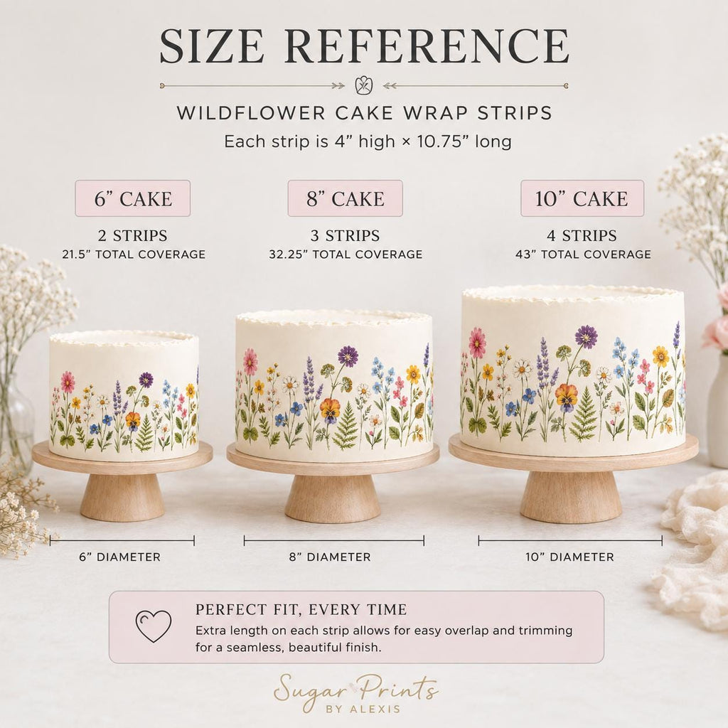 Wildflower edible cake wrap size guide showing pre-cut icing sheet strips for 6 inch, 8 inch and 10 inch round cakes with coverage measurements.