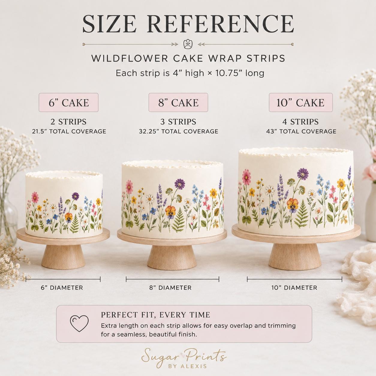 Wildflower edible cake wrap size guide showing pre-cut icing sheet strips for 6 inch, 8 inch and 10 inch round cakes with coverage measurements.
