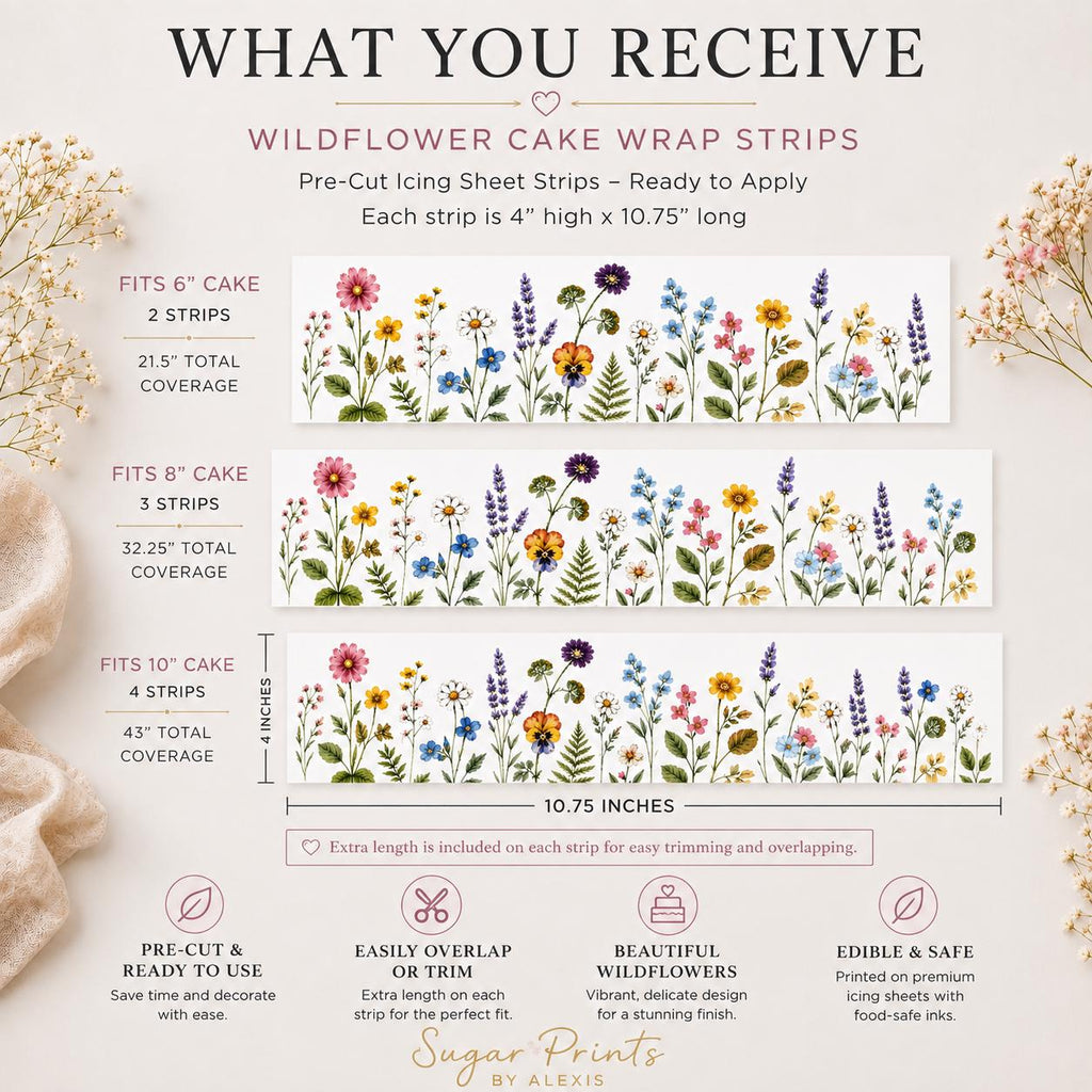 Pre-cut wildflower icing sheet cake wrap strips measuring 4 inches high by 10.75 inches long with edible botanical floral design for cakes.