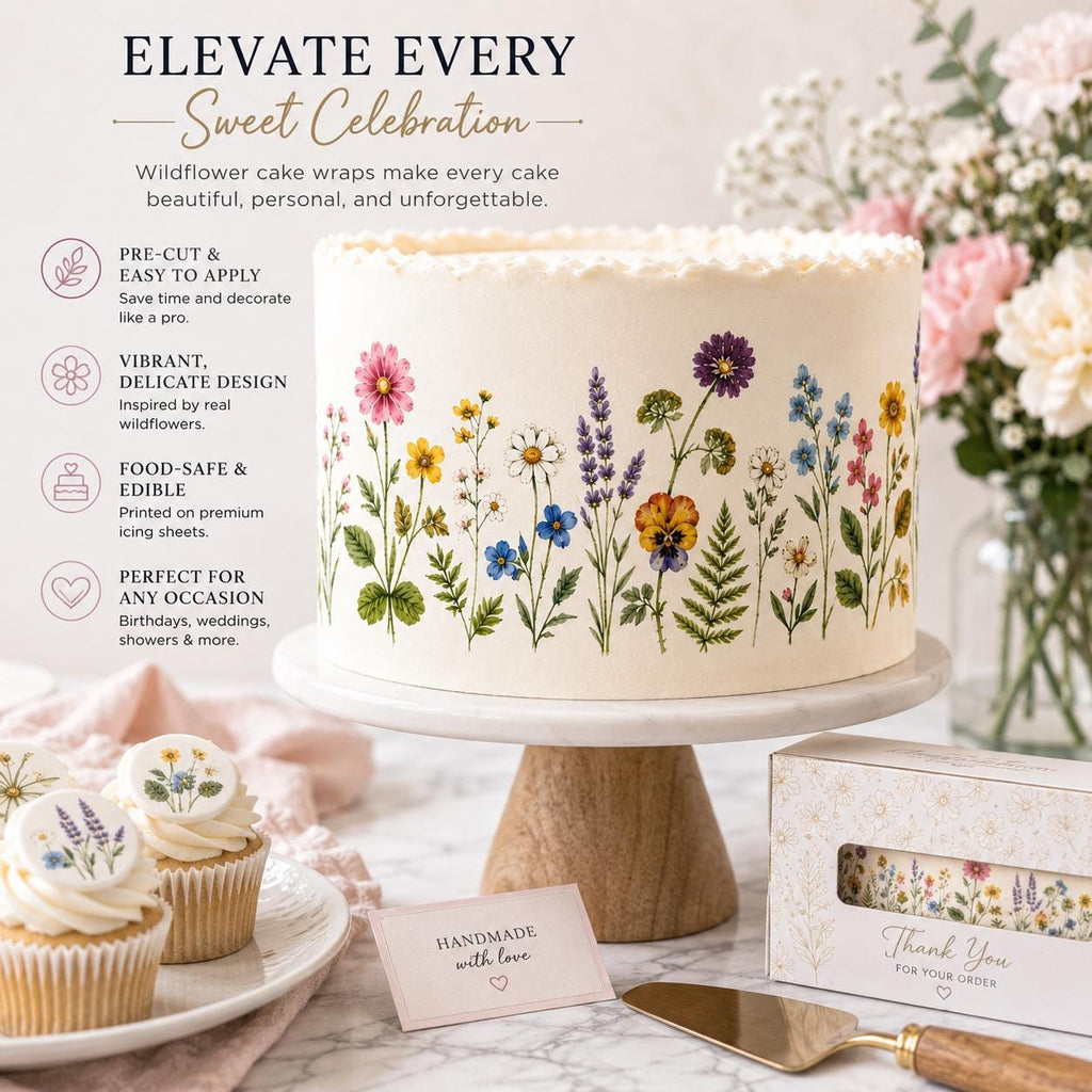 Elegant wildflower cake decorated with an edible floral icing sheet wrap featuring watercolor botanical flowers for weddings, showers and celebrations.