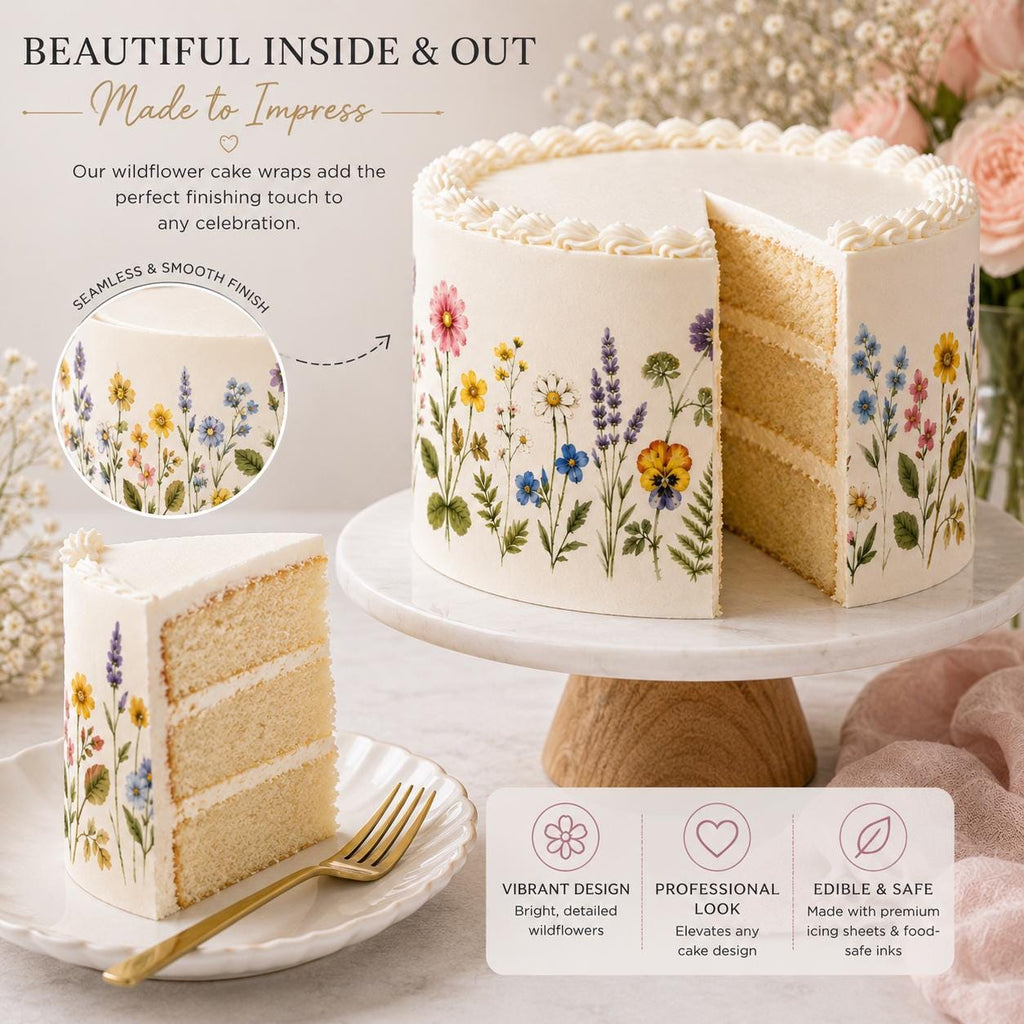 Wildflower edible cake wrap on a professionally styled celebration cake with matching floral cupcakes, showing easy pre-cut icing sheet cake decorating.