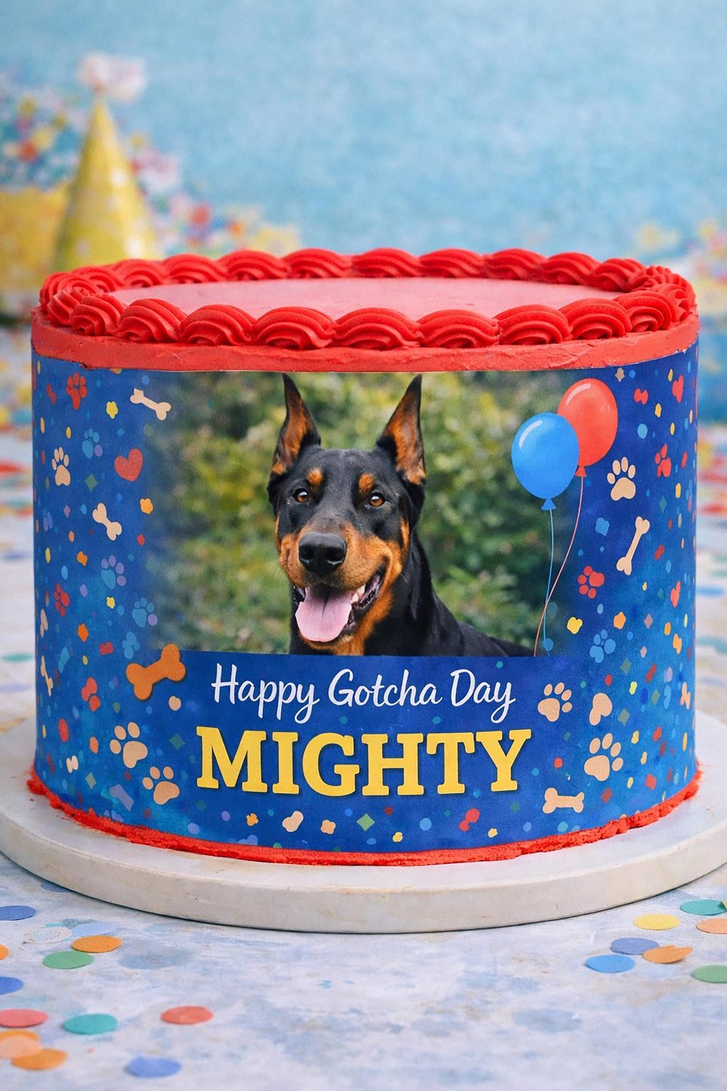 Custom dog photo cake wrap on edible frosting sheet, designed for pet birthday or gotcha day celebrations.