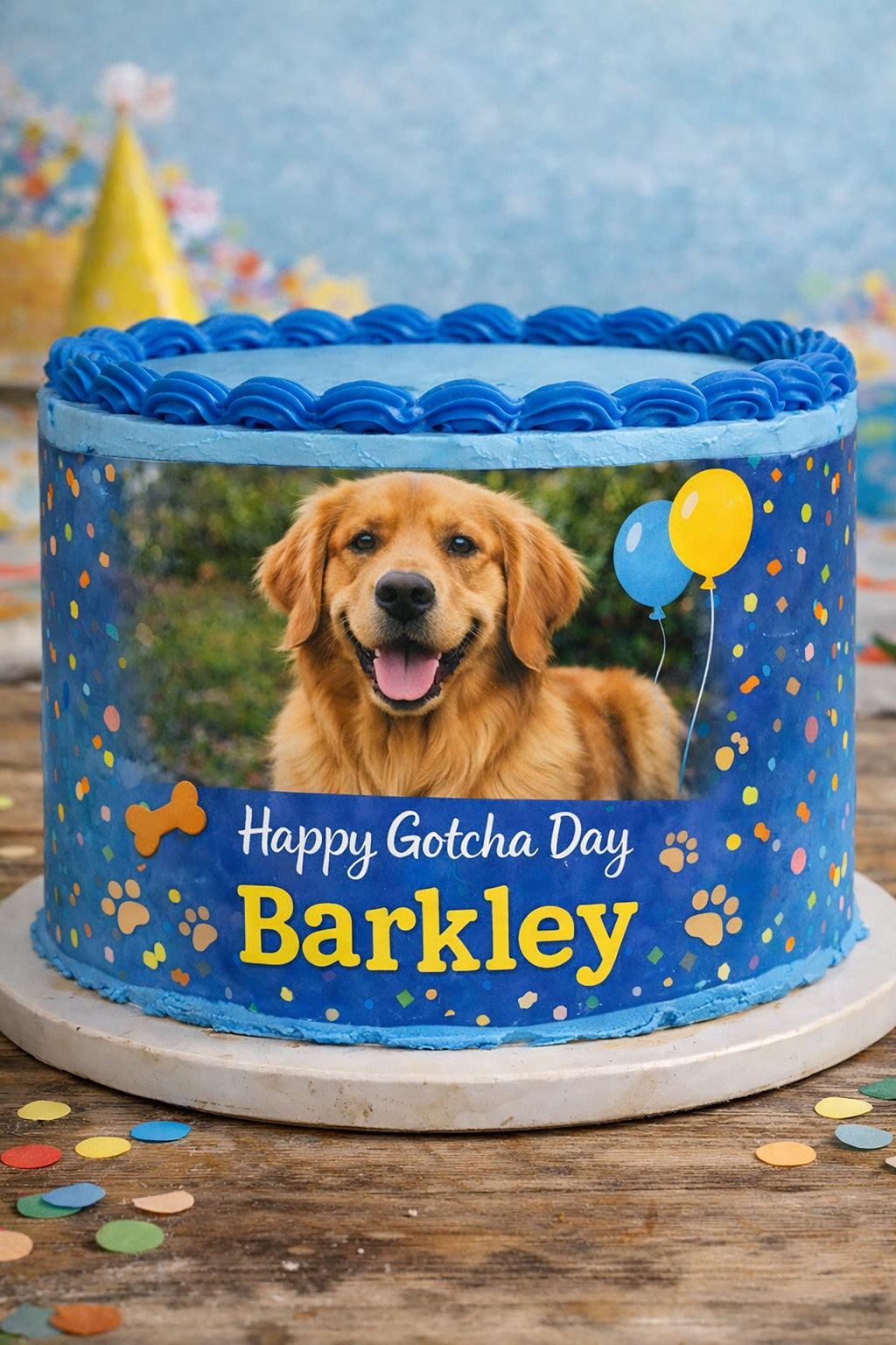 Custom dog photo cake wrap on edible frosting sheet for pet birthday or Gotcha Day, featuring a personalized pet image.