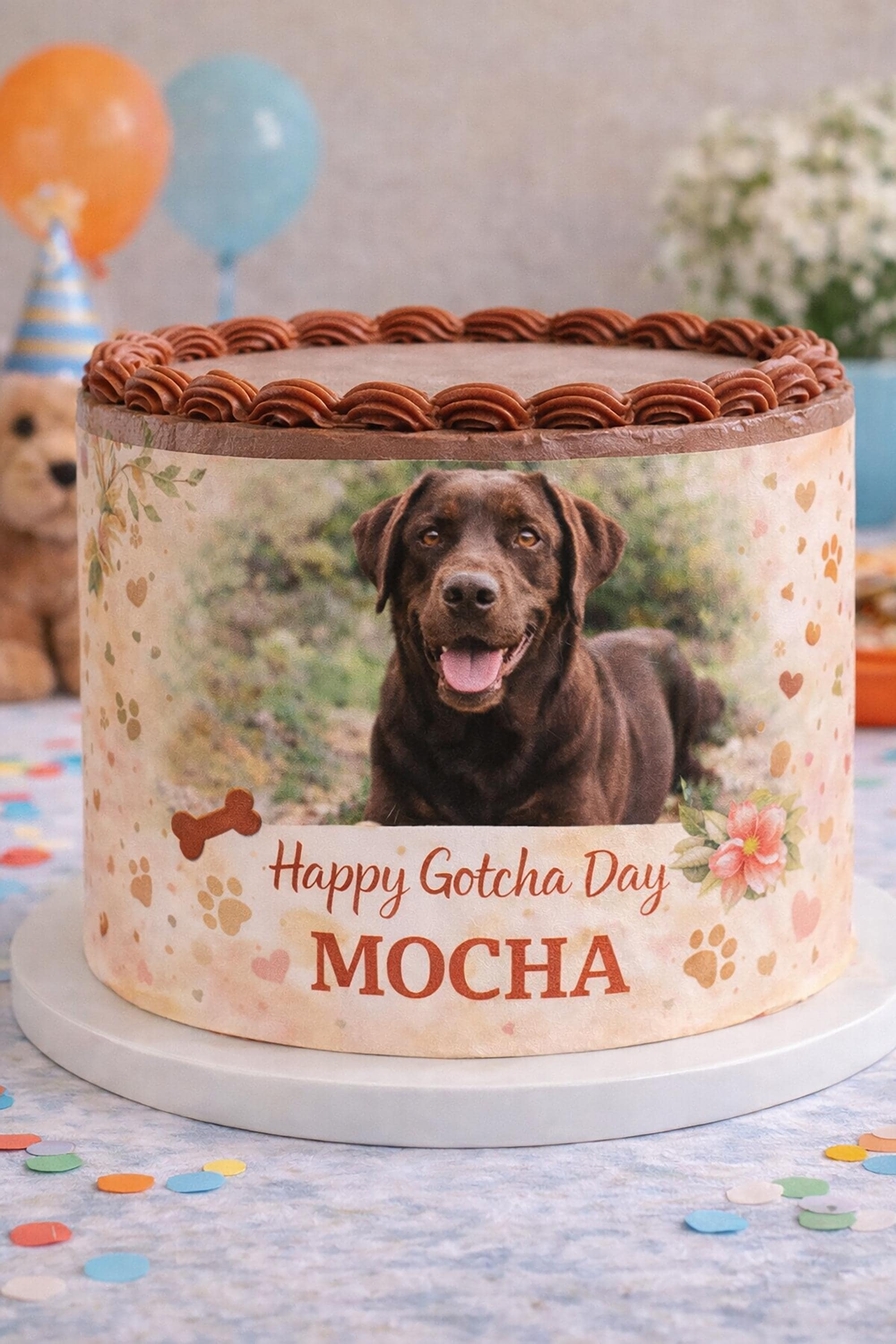 Custom dog photo cake wrap made of edible frosting sheet for pet birthday or Gotcha Day, designed by SugarPrints by Alexis.