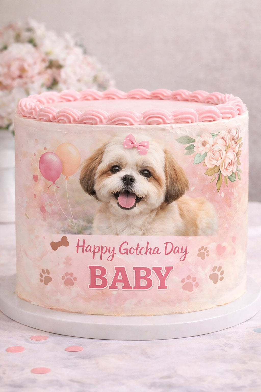 Custom dog photo cake wrap on edible frosting sheet for pet birthday or gotcha day celebration by SugarPrints by Alexis.