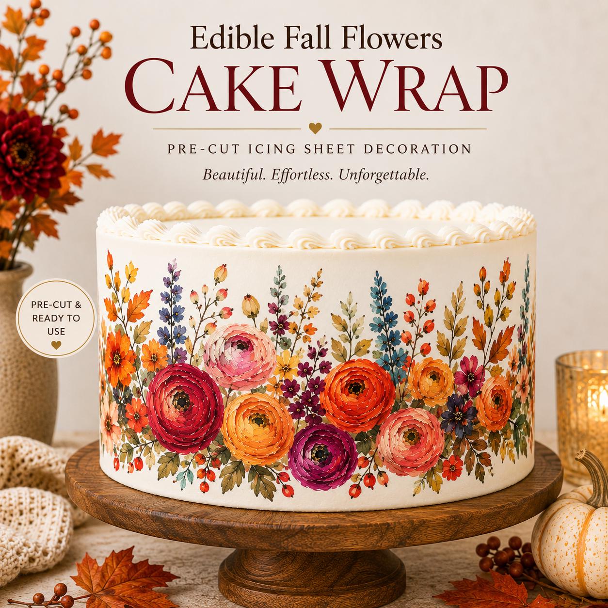 Fall floral edible cake wrap by SugarPrints by Alexis, featuring pre-cut icing sheets with vibrant fall floral designs.