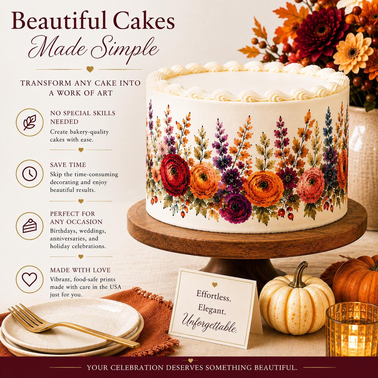 Fall floral edible cake wrap by SugarPrints by Alexis, pre-cut icing sheet with vibrant autumn floral design for cake decoration.