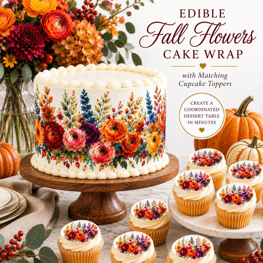 Fall floral edible cake wrap by SugarPrints by Alexis, featuring pre-cut icing sheets with autumn floral design for cakes.