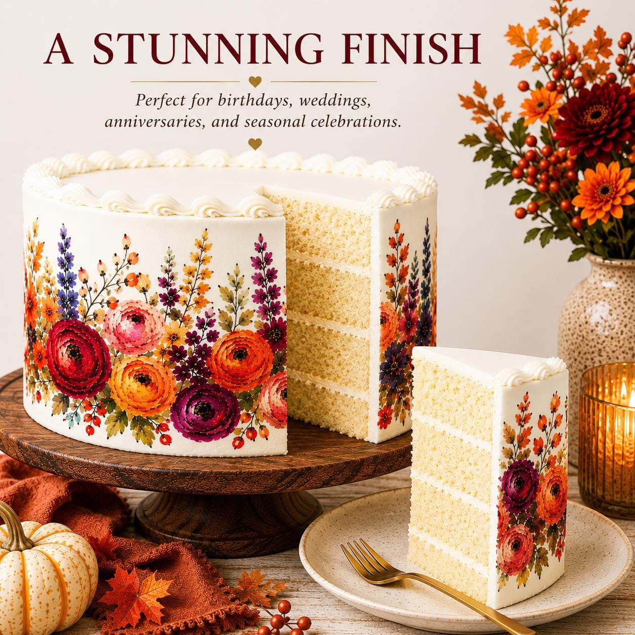 Fall floral edible cake wrap from SugarPrints by Alexis, pre-cut icing sheet with vibrant fall floral design for cakes
