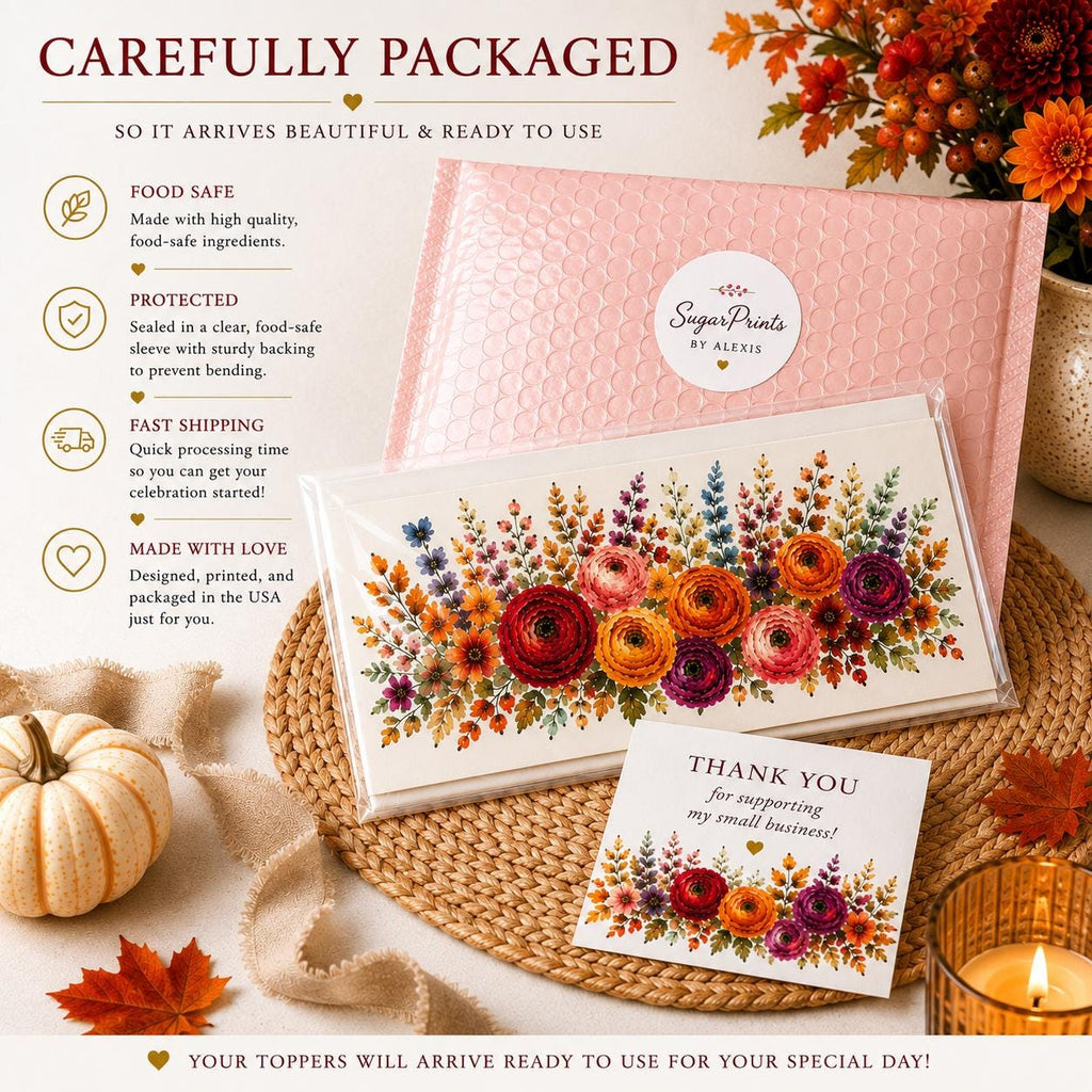 Fall floral edible cake wrap by SugarPrints by Alexis, featuring pre-cut icing sheets with autumn floral design.