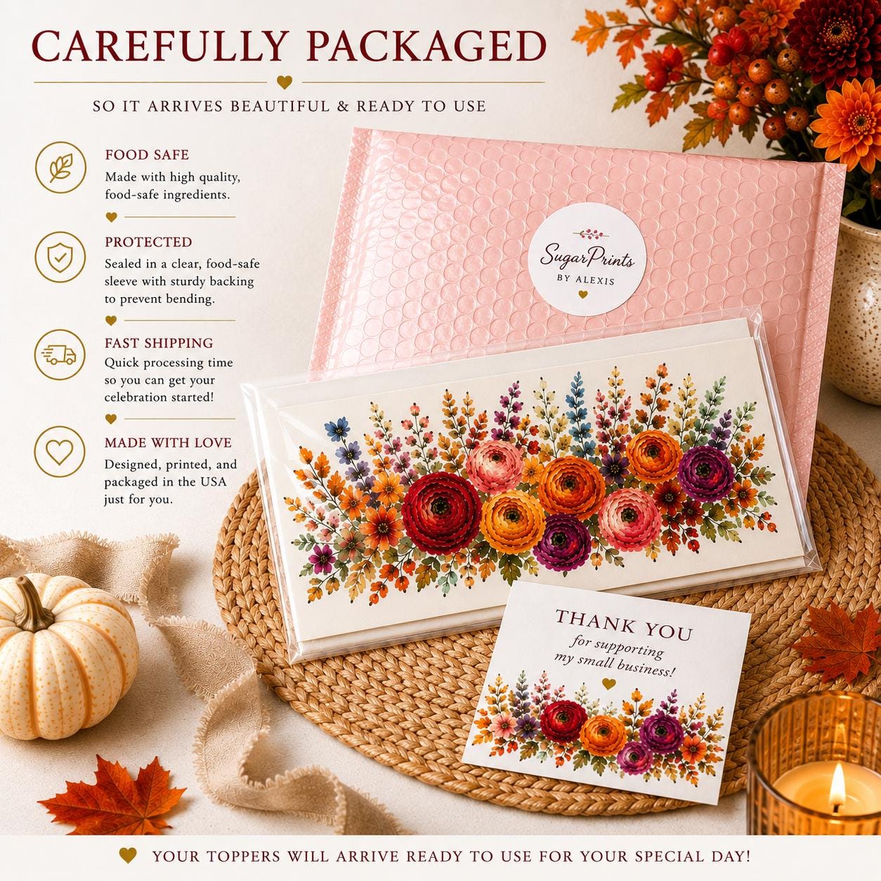 Fall floral edible cake wrap by SugarPrints by Alexis, featuring pre-cut icing sheets with autumn floral design.