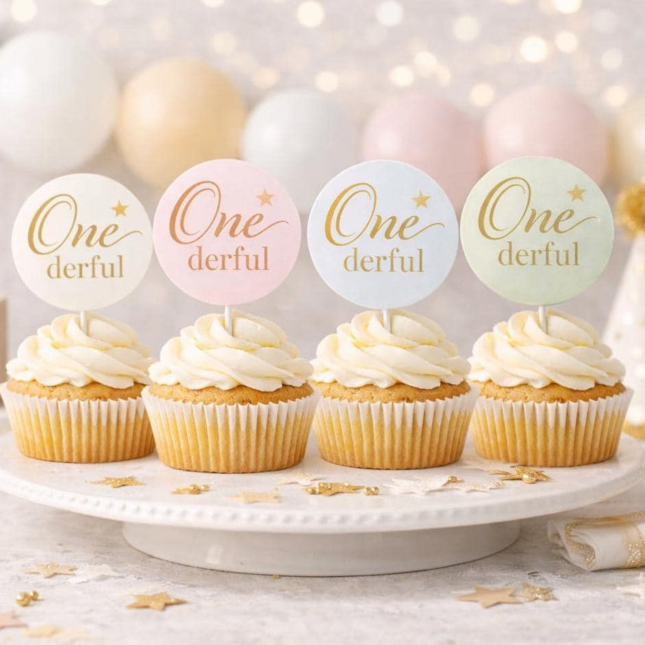 Set of 12 personalized Onederful 1st birthday cupcake toppers from SugarPrints by Alexis with edible frosting circles.