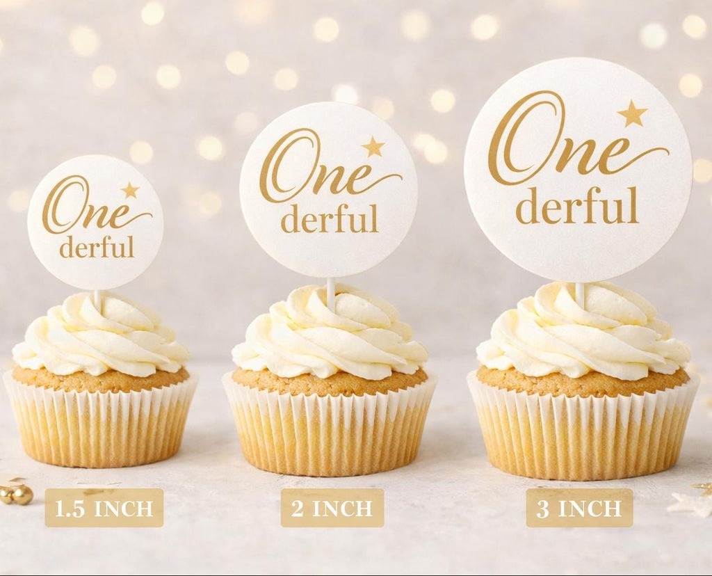 Set of 12 personalized edible frosting cupcake toppers featuring "Onederful 1st Birthday" for celebration by SugarPrints by Alexis.