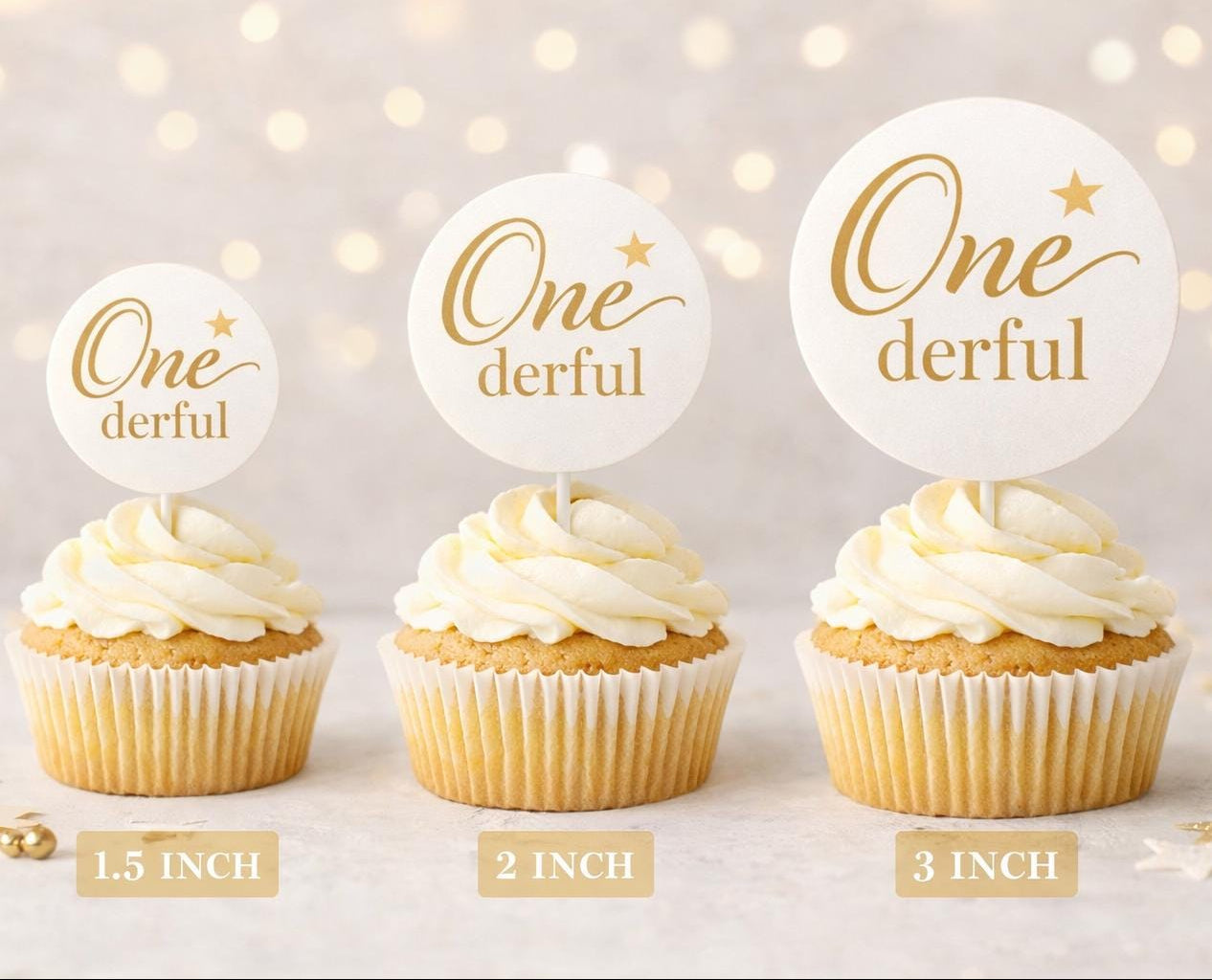Set of 12 personalized edible frosting cupcake toppers featuring "Onederful 1st Birthday" for celebration by SugarPrints by Alexis.