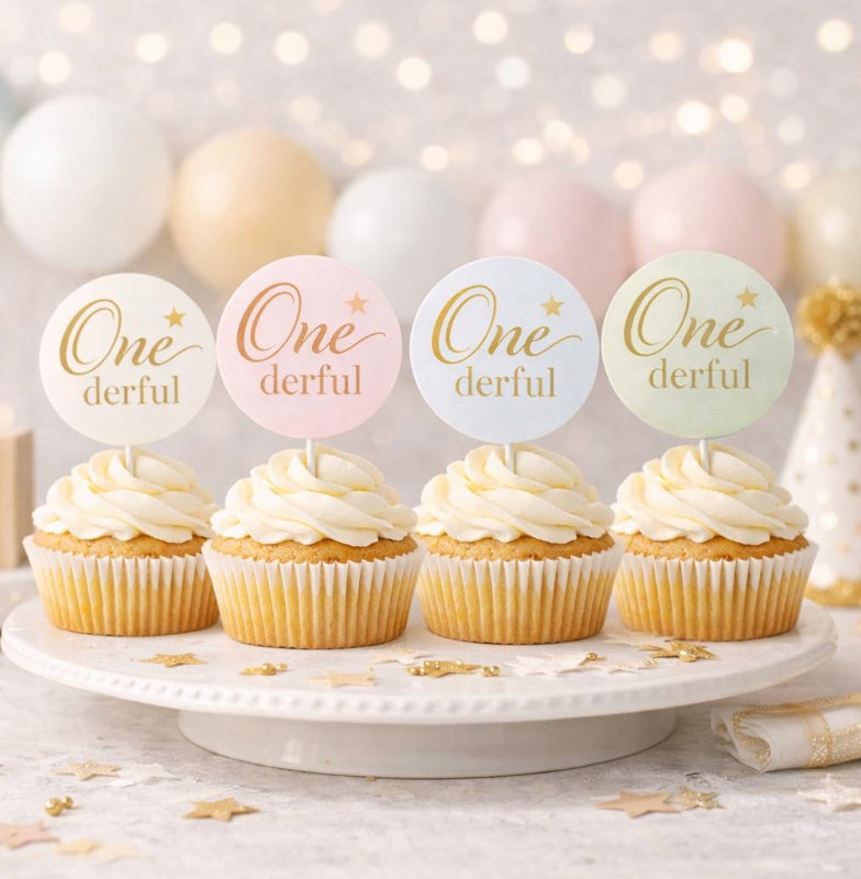 Set of 12 Onederful 1st birthday cupcake toppers by SugarPrints, personalized edible frosting circles with colorful design.