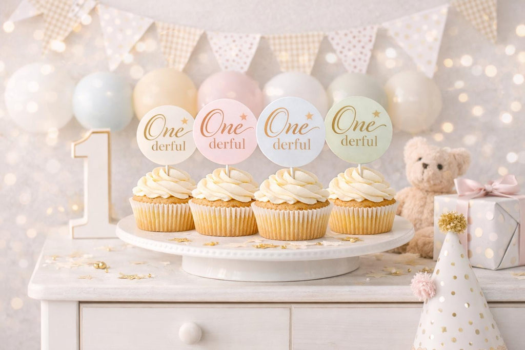 Set of 12 Onederful 1st birthday cupcake toppers by SugarPrints, personalized edible frosting circles with colorful designs.