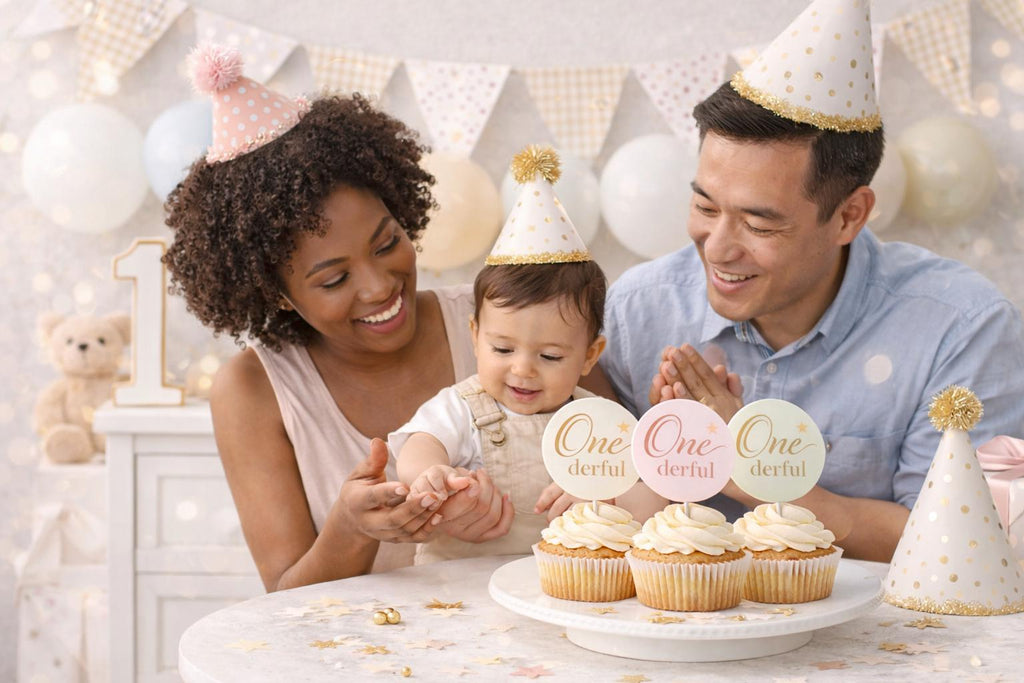 Set of 12 personalized edible frosting cupcake toppers with "Onederful 1st Birthday" design by SugarPrints by Alexis