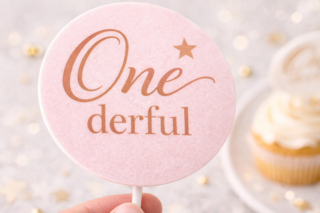 Set of 12 SugarPrints by Alexis edible frosting cupcake toppers with "Onederful 1st Birthday" design for celebration treats.