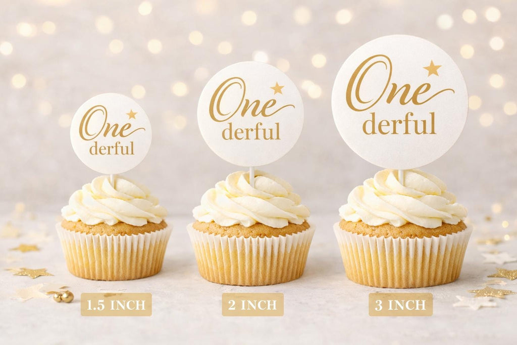 Set of 12 personalized edible frosting cupcake toppers featuring "Onederful 1st" for birthday celebrations by SugarPrints.