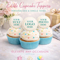 Custom logo, text, and photo cupcake topper made of edible wafer paper or frosting sheet by SugarPrints by Alexis.