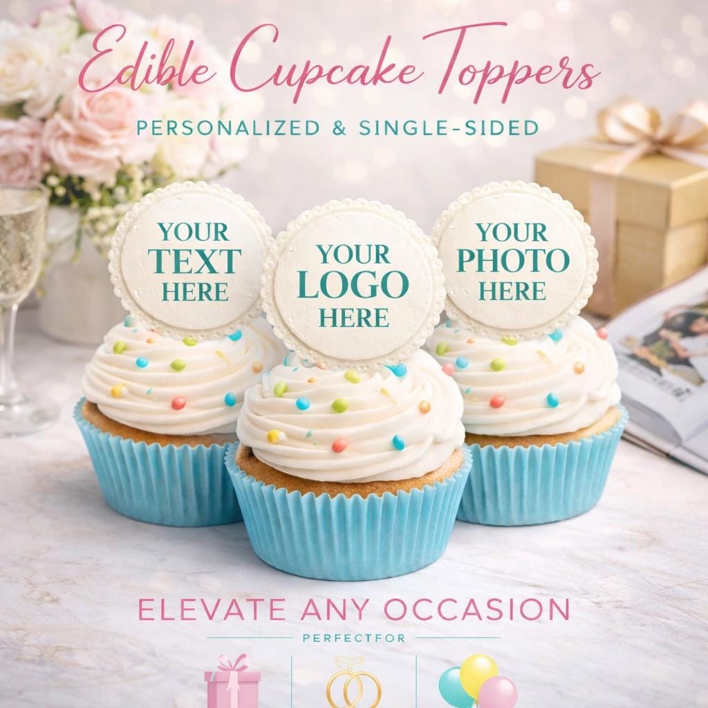 Custom logo, text, and photo cupcake topper made of edible wafer paper or frosting sheet by SugarPrints by Alexis.