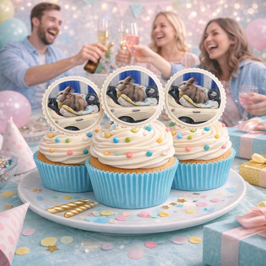 Edible cupcake topper with custom logo, text, and photo on wafer paper or frosting sheet, by SugarPrints by Alexis.