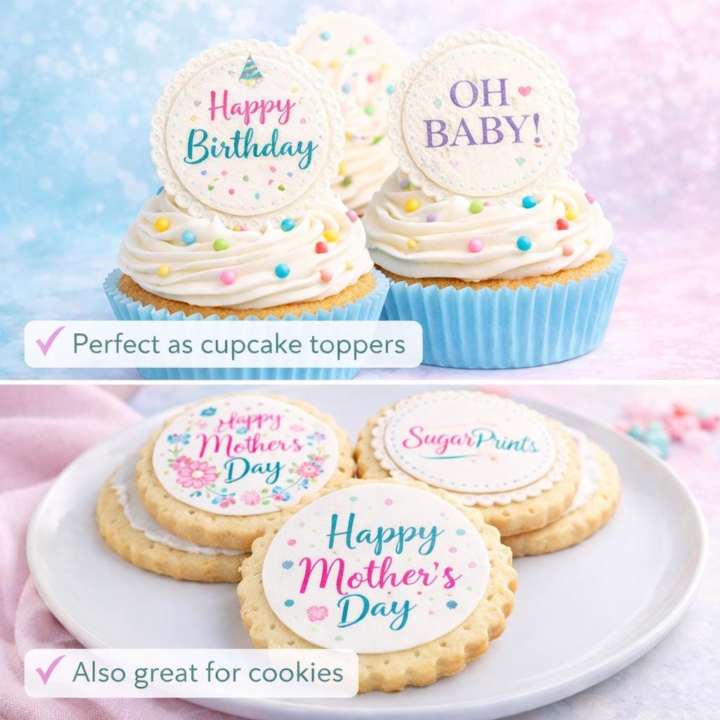 Custom cupcake topper by SugarPrints with edible wafer paper, featuring personalized logo, text, and photo decoration.