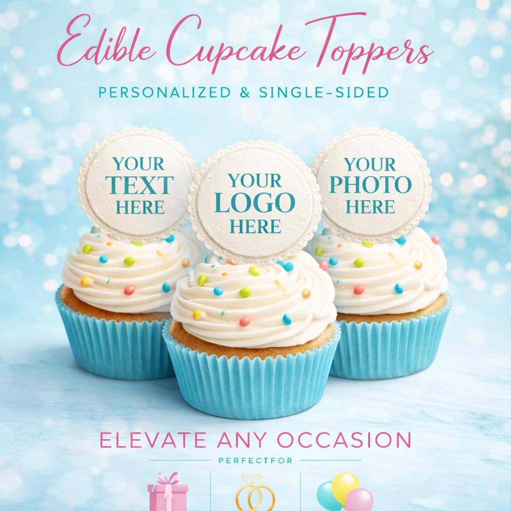 Custom cupcake topper by SugarPrints featuring edible wafer paper with logo, text, and photo design on a frosted cupcake.