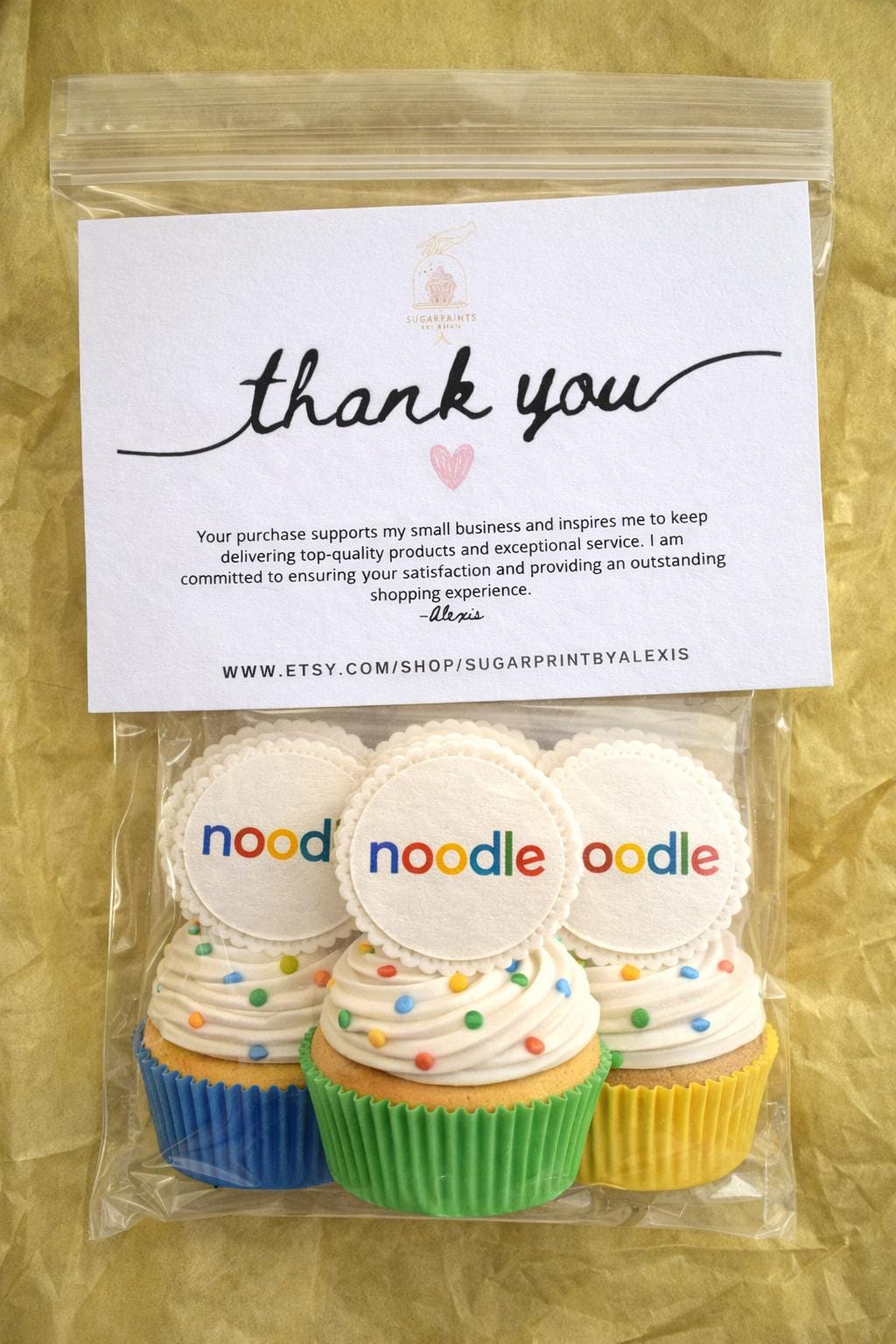 Custom cupcake topper with logo, text, and photo on edible wafer paper or frosting sheet by SugarPrints by Alexis.