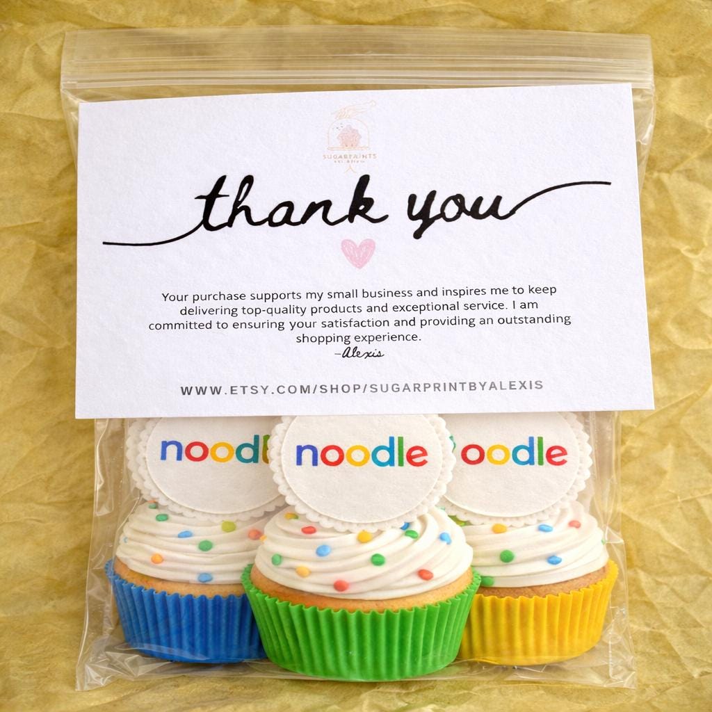 Custom logo, text, and photo cupcake topper on edible wafer paper or frosting sheet by SugarPrints by Alexis.