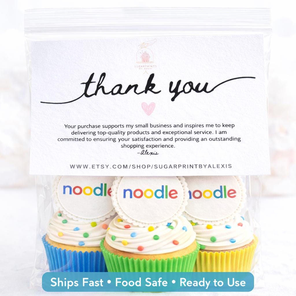 Custom cupcake topper with logo, text, and photo on edible wafer paper or frosting sheet by SugarPrints by Alexis.