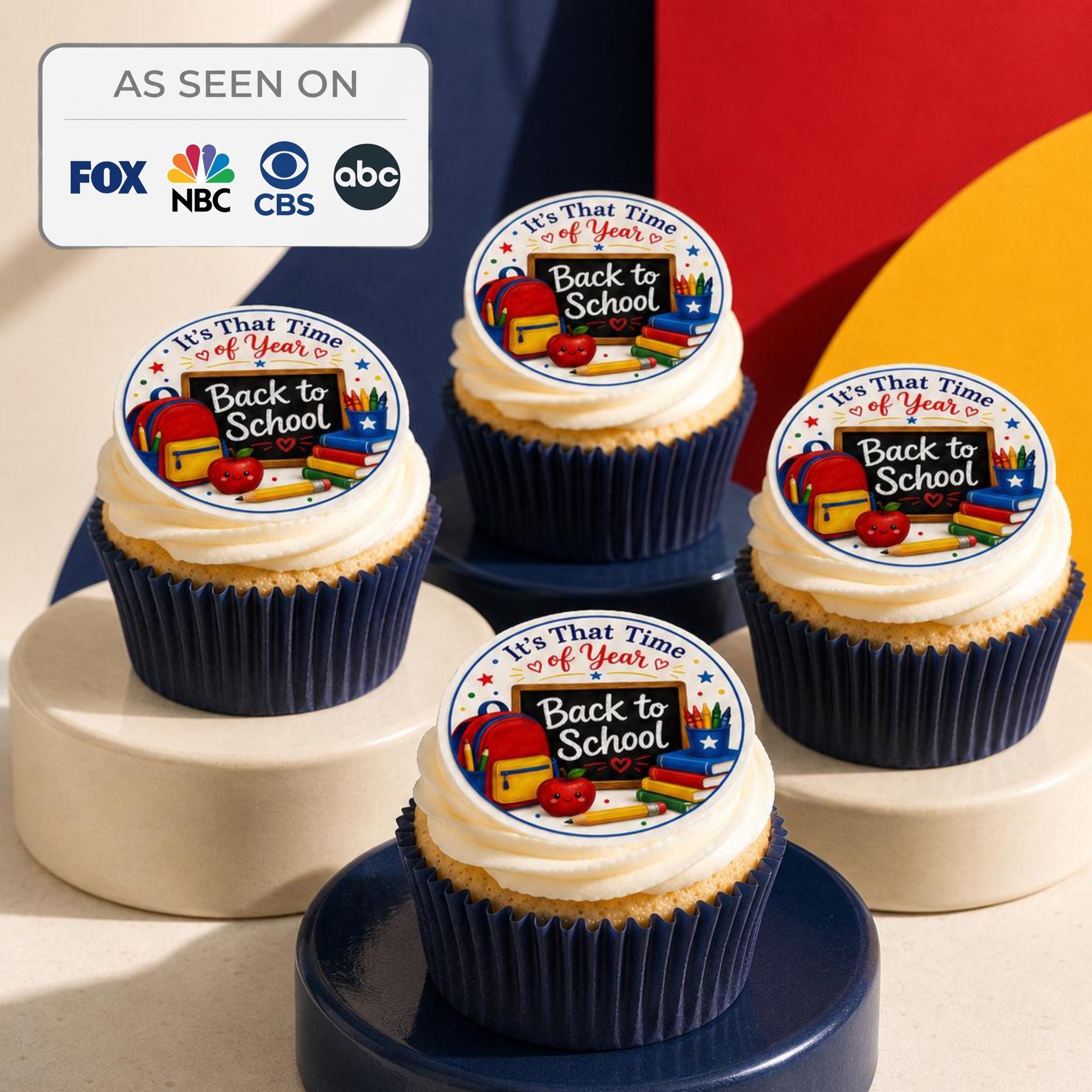 Set of 12 personalized edible icing sheet cupcake and cookie toppers with school-themed designs by SugarPrints by Alexis.