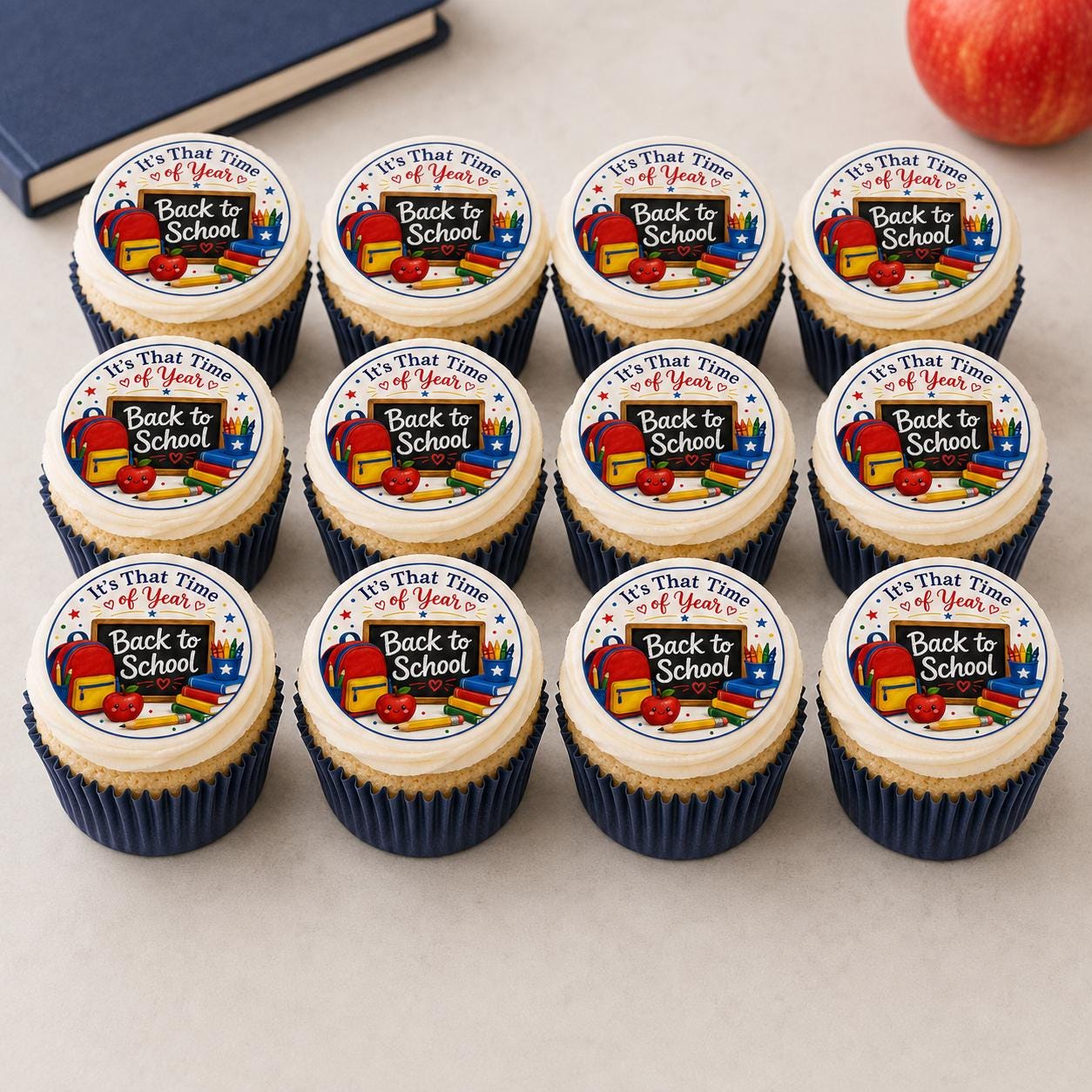 Personalized school cupcake and cookie toppers on edible icing sheets, with colorful designs and pre-cut shapes for baking.