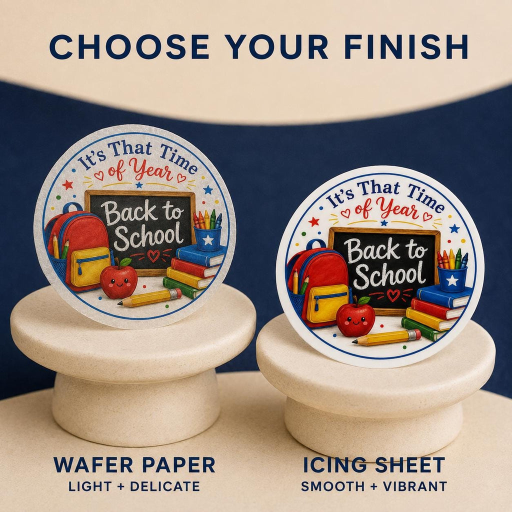 Personalized school cupcake and cookie toppers on edible icing sheets from SugarPrints by Alexis, pre-cut and ready for decorating.