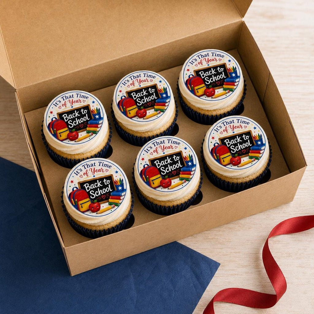 Personalized school cupcake and cookie toppers on edible icing sheets by SugarPrints by Alexis, featuring colorful school-themed designs.