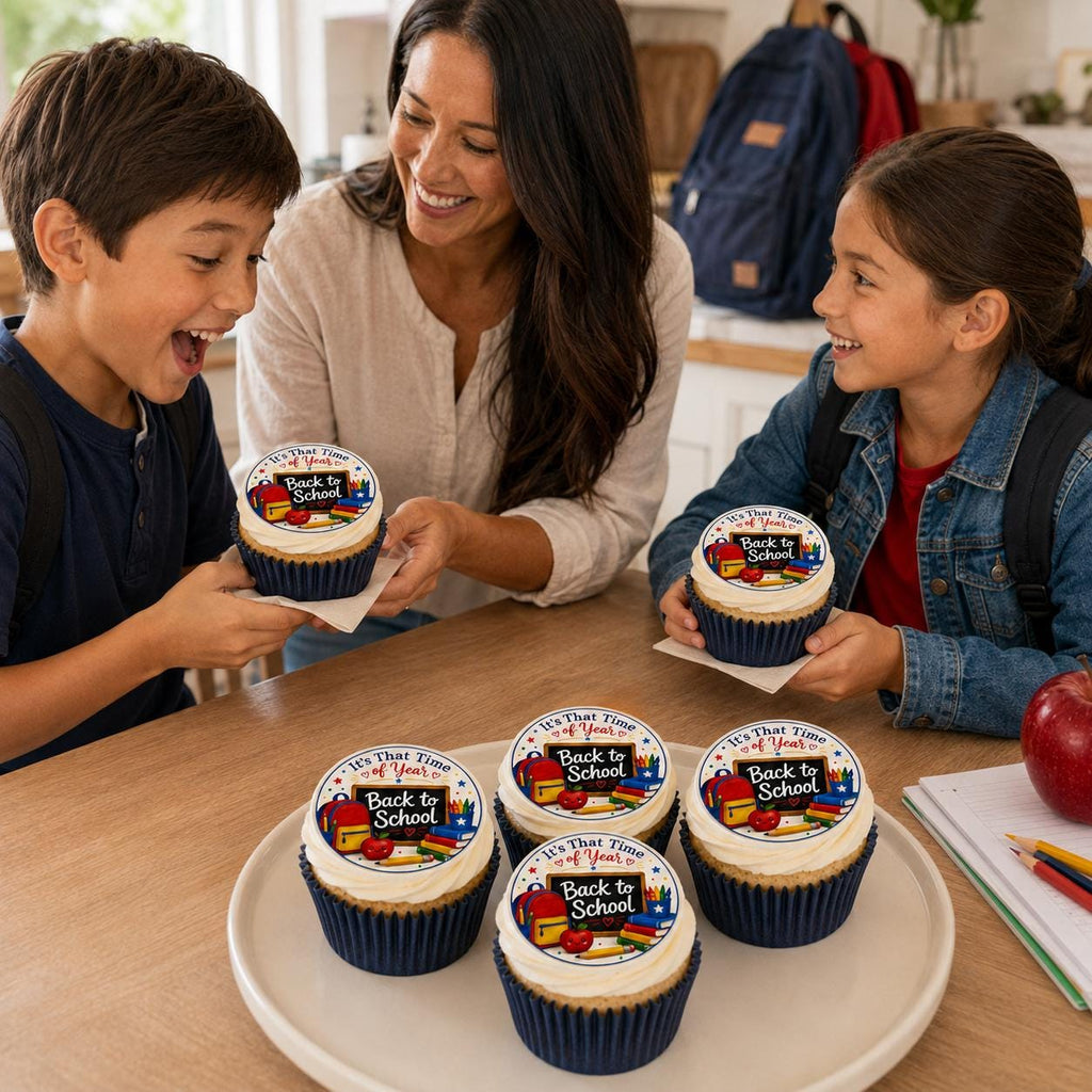Personalized school cupcake and cookie toppers on edible icing sheets by SugarPrints by Alexis, showing colorful pre-cut decorations.