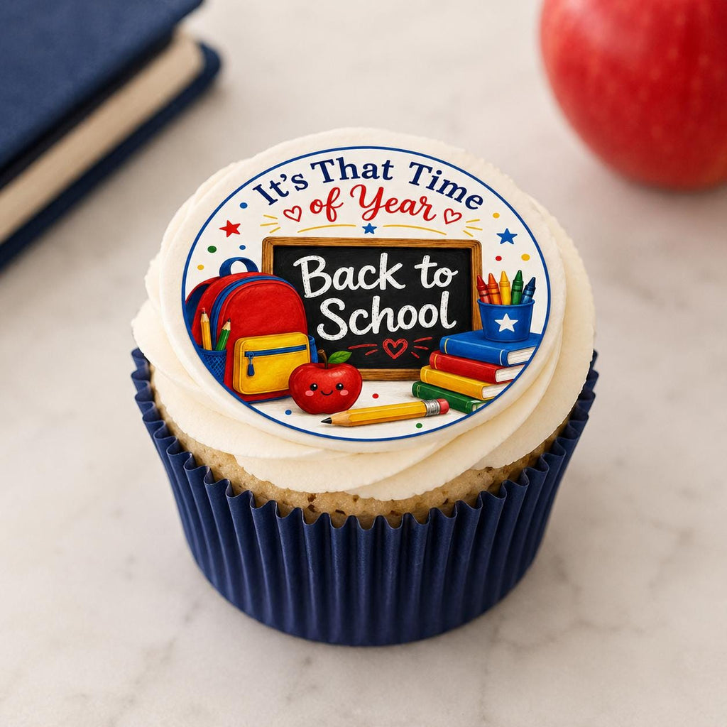 Personalized school cupcake and cookie toppers on edible icing sheets by SugarPrints by Alexis, featuring colorful school-themed designs.
