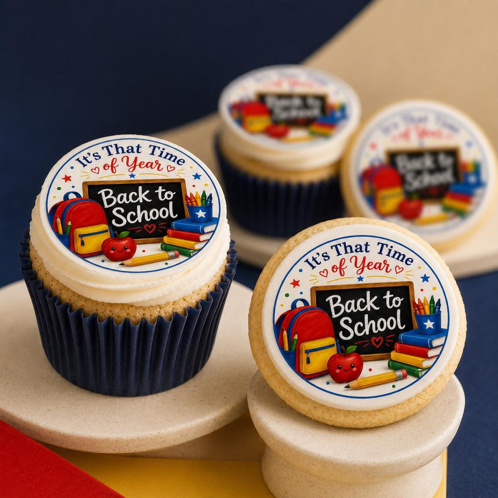 Set of 12 personalized edible cupcake and cookie toppers on icing sheets from SugarPrints by Alexis, featuring school-themed designs.