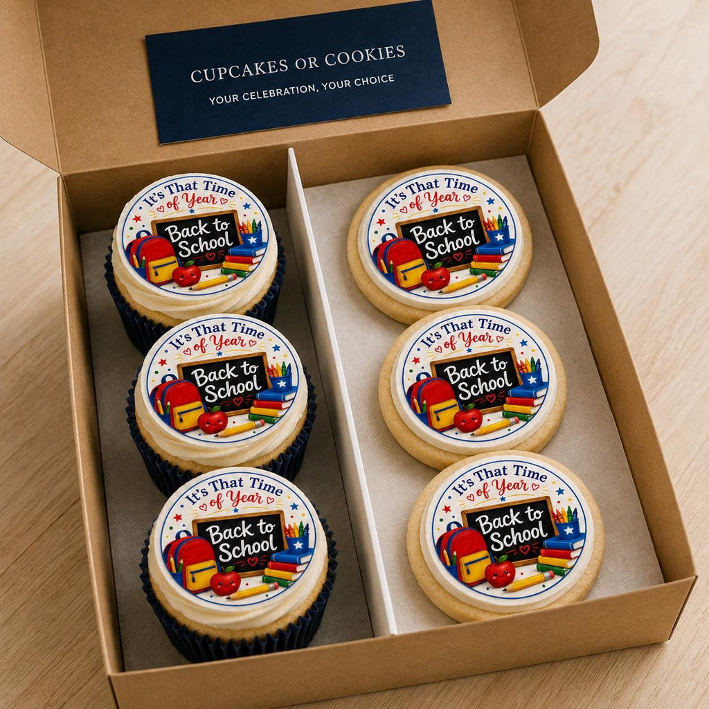 Personalized school cupcake and cookie toppers on edible icing sheet, with colorful designs, by SugarPrints by Alexis.
