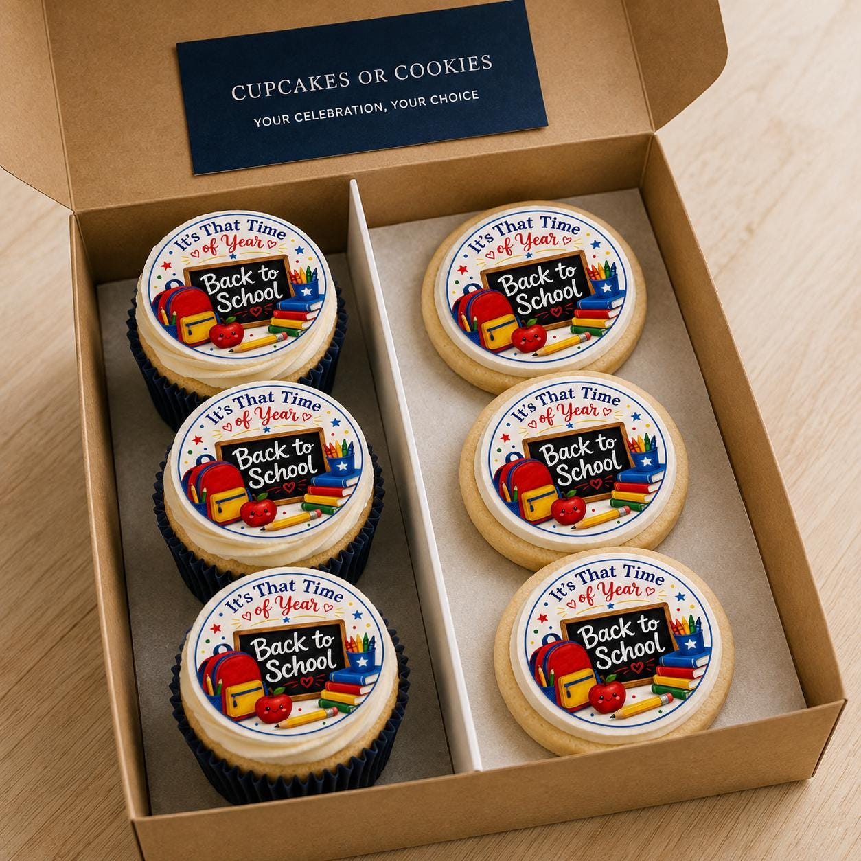 Personalized school cupcake and cookie toppers on edible icing sheet, with colorful designs, by SugarPrints by Alexis.