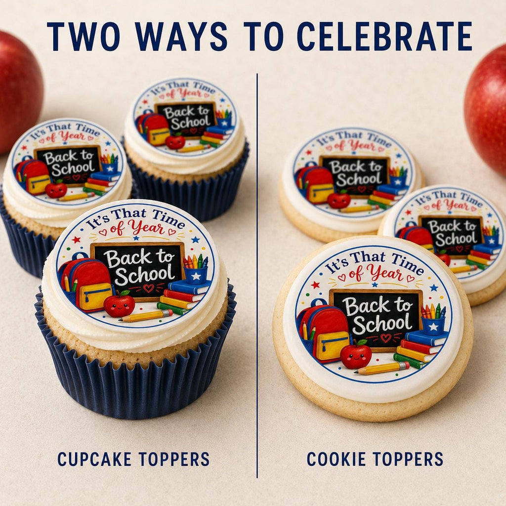 Personalized school cupcake and cookie toppers on edible icing sheet by SugarPrints by Alexis, featuring colorful designs for baking.