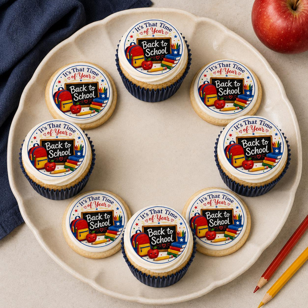 Set of 12 personalized edible cupcake and cookie toppers on icing sheets from SugarPrints by Alexis, featuring school-themed designs.