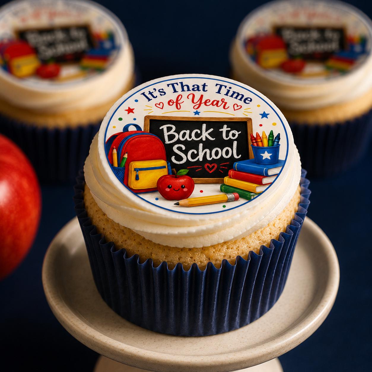 Personalized school cupcake and cookie toppers on edible icing sheets, with colorful educational designs by SugarPrints by Alexis.