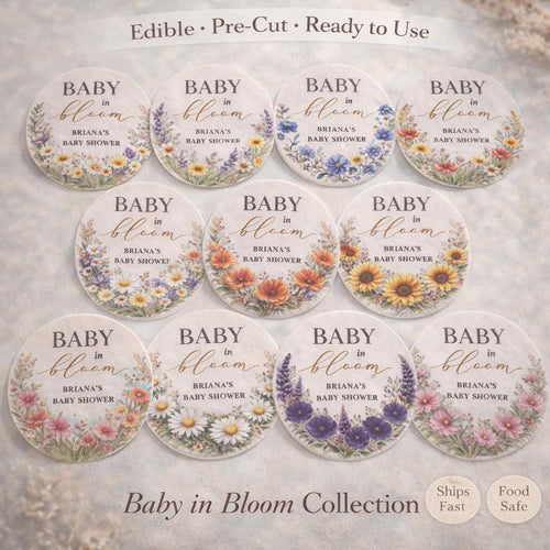 BABY IN BLOOM Edible Pre-Cut Cupcake Toppers, Floral Baby Shower Decorations, Boho Wildflower Baby Shower,Set of 12 Baby Shower Desserts