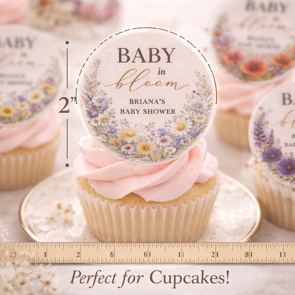 BABY IN BLOOM Edible Pre-Cut Cupcake Toppers, Floral Baby Shower Decorations, Boho Wildflower Baby Shower,Set of 12 Baby Shower Desserts