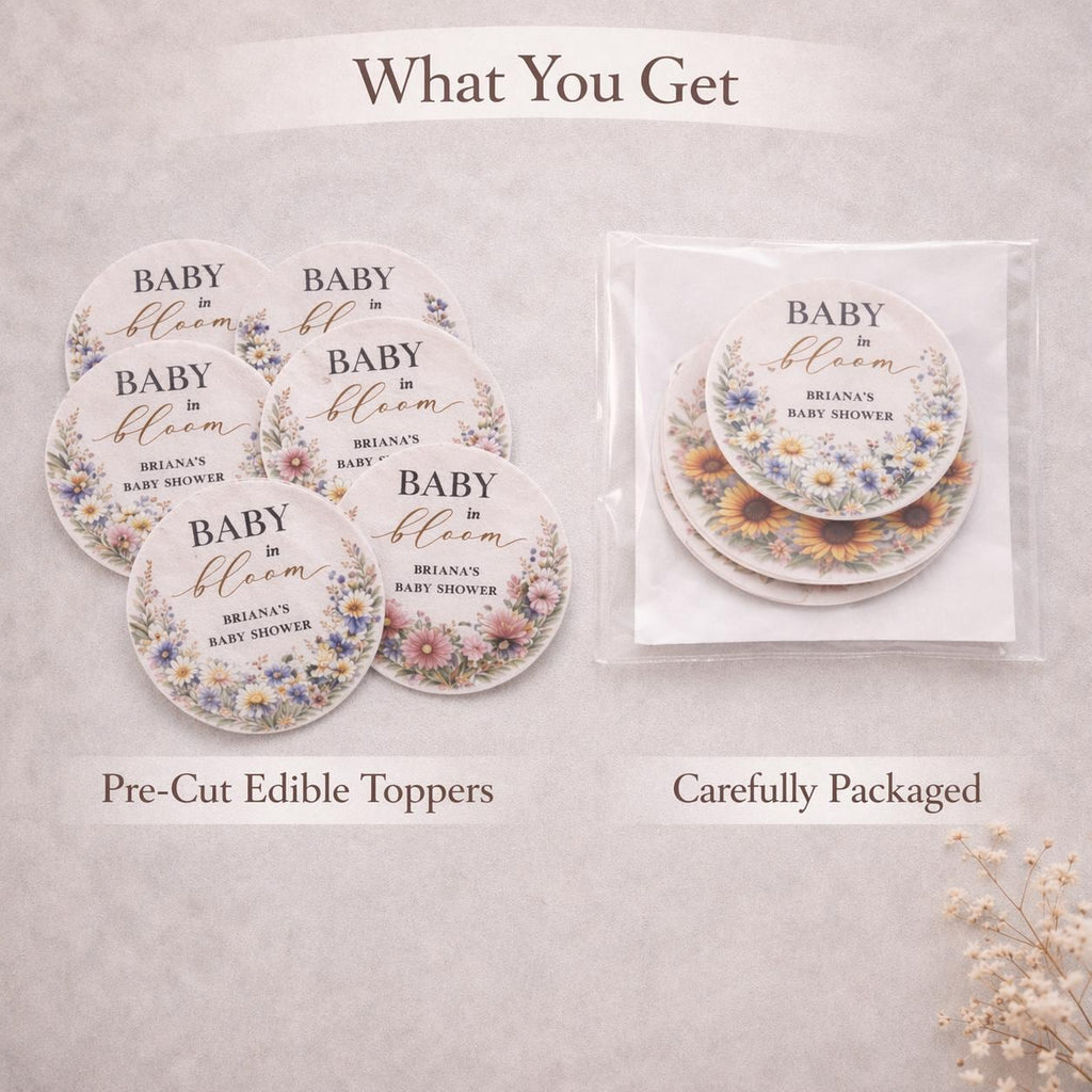 BABY IN BLOOM Edible Cupcake Toppers, Floral Baby Shower Decorations, Boho Wildflower Baby Shower, Pre Cut