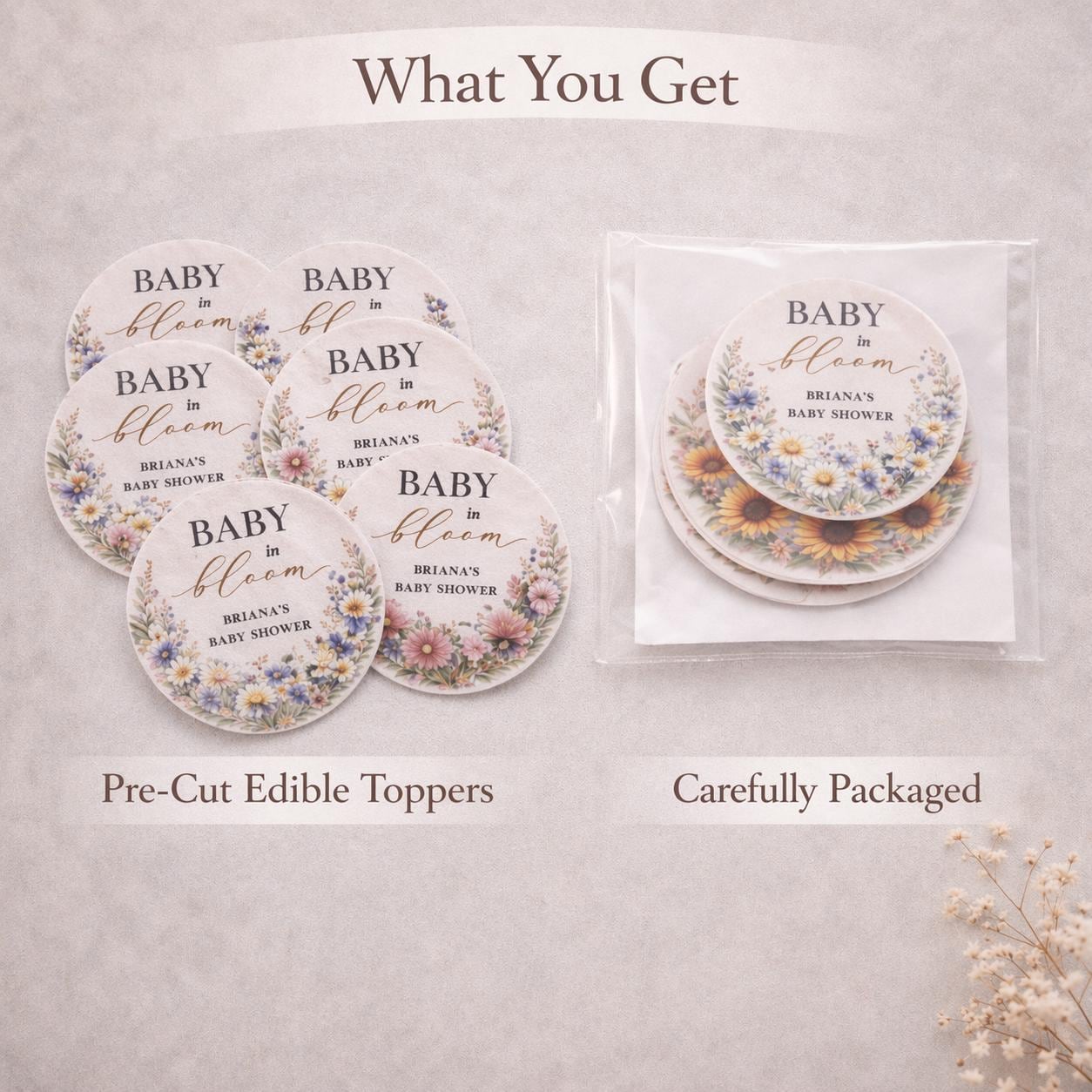 BABY IN BLOOM Edible Cupcake Toppers, Floral Baby Shower Decorations, Boho Wildflower Baby Shower, Pre Cut
