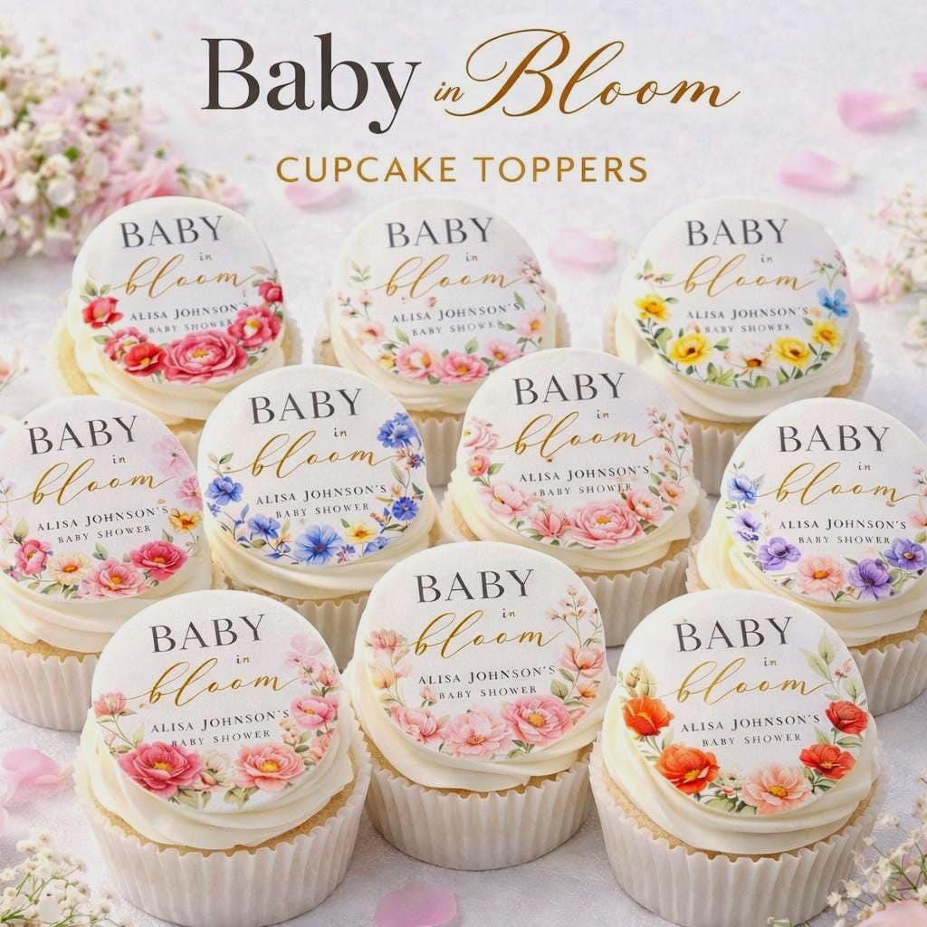 Baby in Bloom edible cupcake toppers featuring 2-inch floral designs in soft pastel colors, printed on wafer paper or frosting sheets. Set of 12 toppers ideal for cupcakes, cookies, and small cakes. Vegan-friendly, gluten-free, pre-cut for easy placement. Perfect for baby showers, spring celebrations, garden parties, and floral-themed events, adding a professional, elegant, and luxury dessert table look