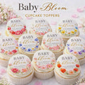 Baby in Bloom edible cupcake toppers featuring 2-inch floral designs in soft pastel colors, printed on wafer paper or frosting sheets. Set of 12 toppers ideal for cupcakes, cookies, and small cakes. Vegan-friendly, gluten-free, pre-cut for easy placement. Perfect for baby showers, spring celebrations, garden parties, and floral-themed events, adding a professional, elegant, and luxury dessert table look